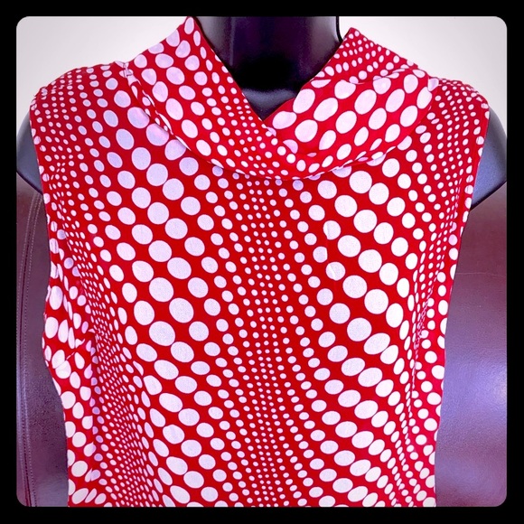 Sheer Red & white large Polka Dot Tank top with roll-neck back button-up Eur 42 - Picture 2 of 5
